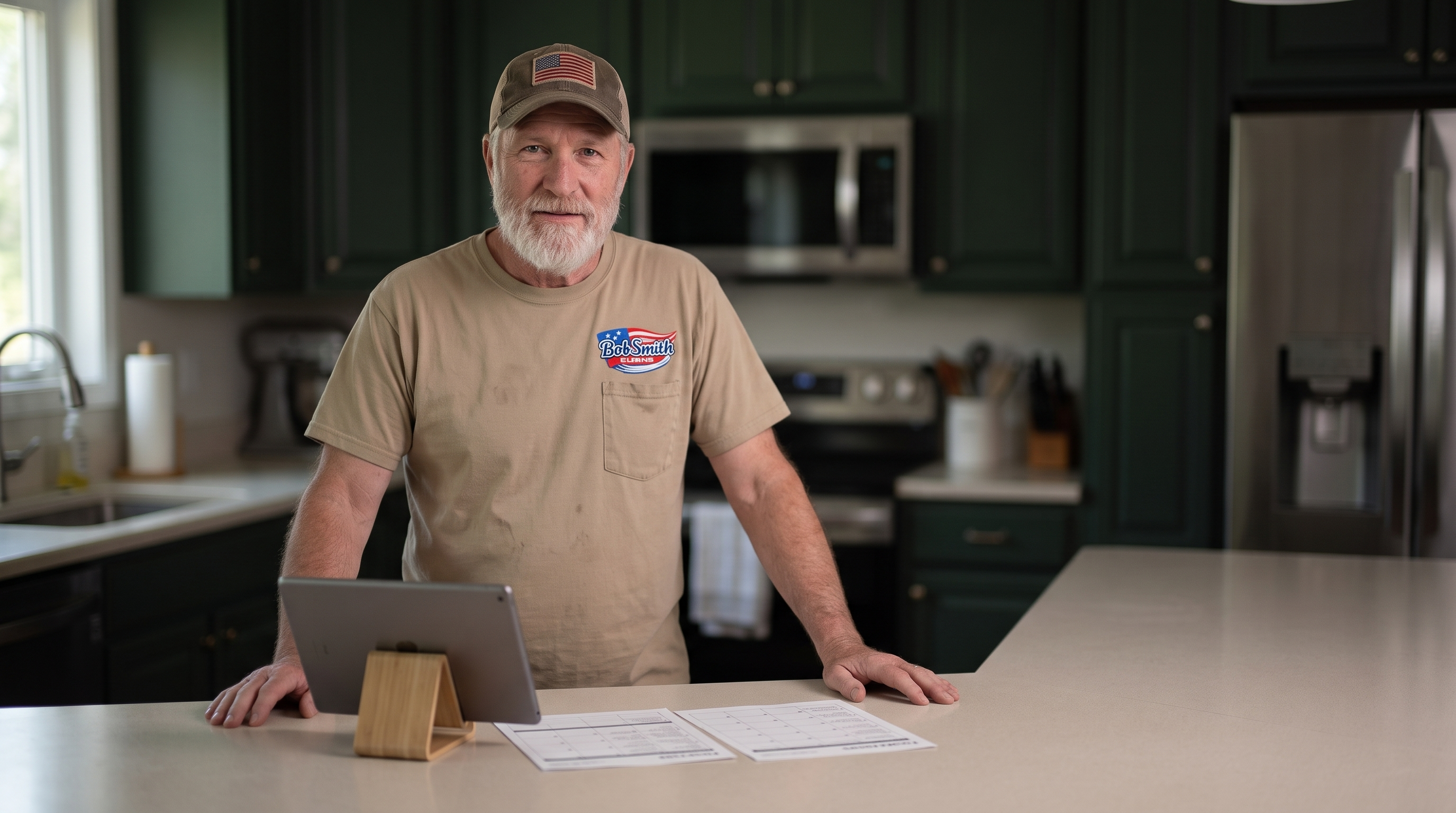 Bob Smith behind his kitchen counter with a tablet and planner pages