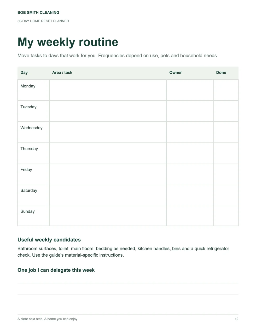 An actual printable page from the Home Reset Planner
